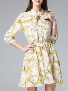 Romwe Apricot Tie Neck Print A-line Dress
