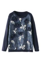 Romwe Floral Appliqued Navy Blue Jumper