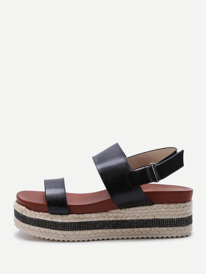 Romwe Black Sparkle Strappy Espadrille Flatform Sandals