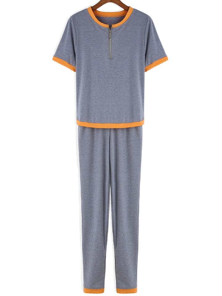 Romwe Short Sleeve Zipper Top With Elastic Waist Pant
