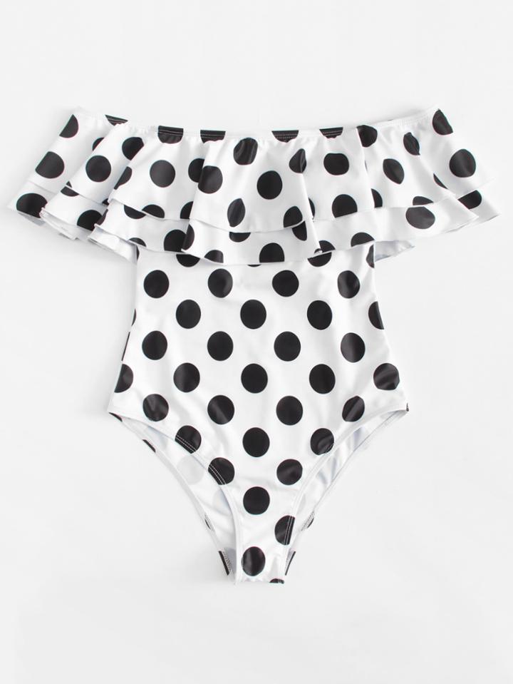 Romwe Flounce Off Shoulder Polka Dot Swimsuit