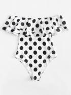 Romwe Flounce Off Shoulder Polka Dot Swimsuit