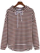 Romwe Hooded Drawstring Striped High Low Sweatshirt