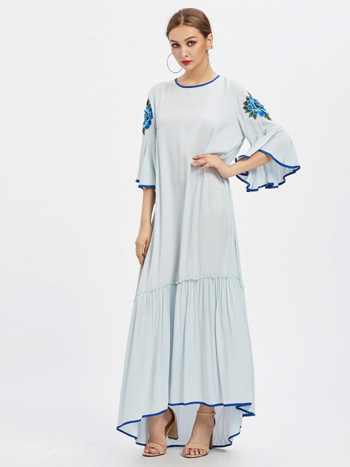 Romwe Contrast Binding 3d Flower Patch Fluted Sleeve Dress