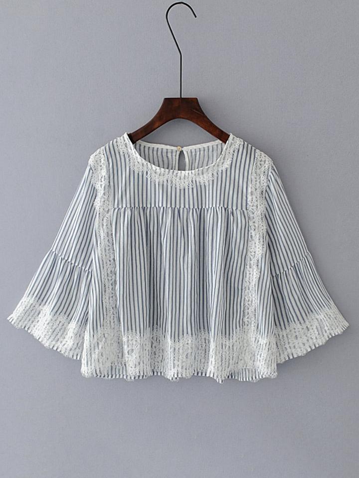 Romwe Bell Sleeve Contrast Lace Vertical Striped Blouse