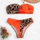 Romwe Leopard Twist Bandeau With Low Rise Bikini Set