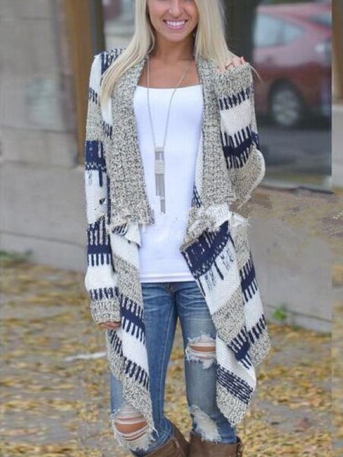 Romwe Drape Front Striped Asymmetrical Cardigan