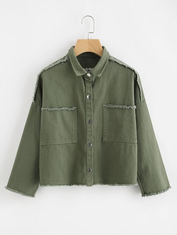 Romwe Slogan Embroidered Back Raw Trim Denim Jacket