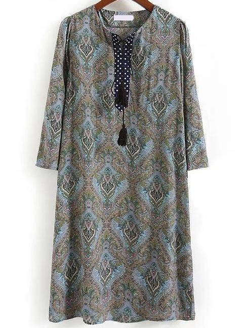 Romwe Paisley Print Lace Up Tunic Dress