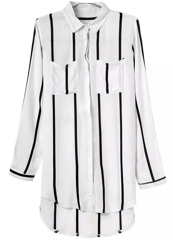 Romwe White Lapel Pockets Vertical Stripe Dip Hem Blouse