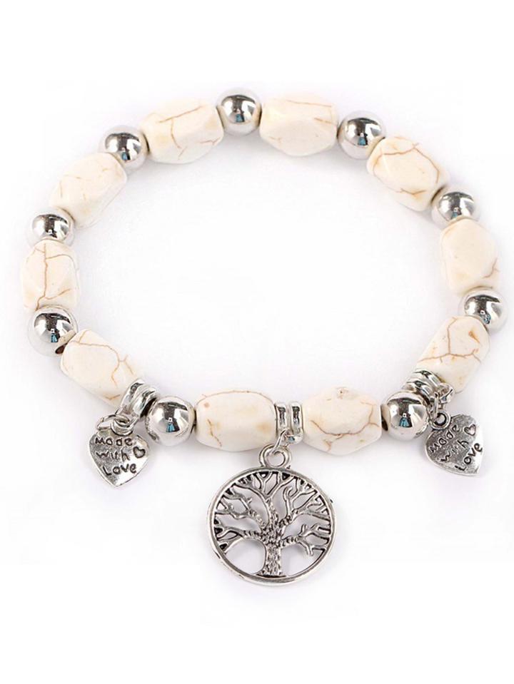 Romwe Heart Charm Stone Beaded Bracelet