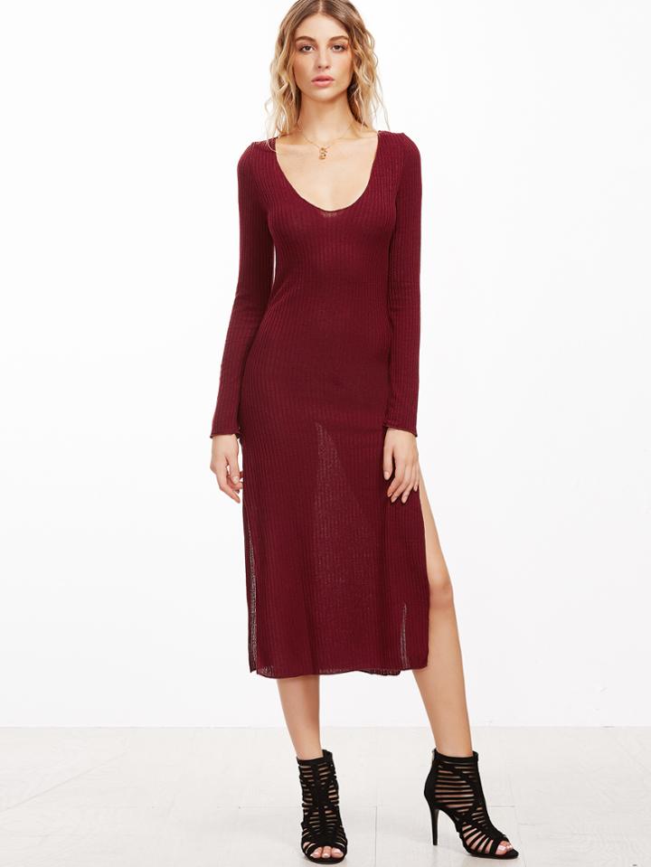 Romwe Burgundy Ribbed Slit Side Dress