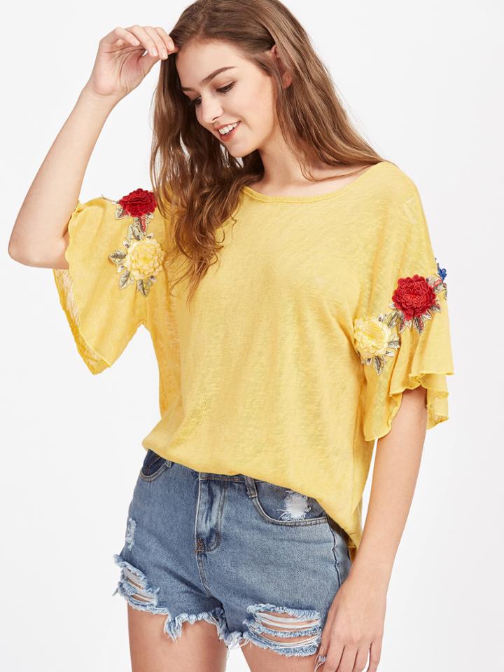 Romwe 3d Flower Patch Tie Back Tee