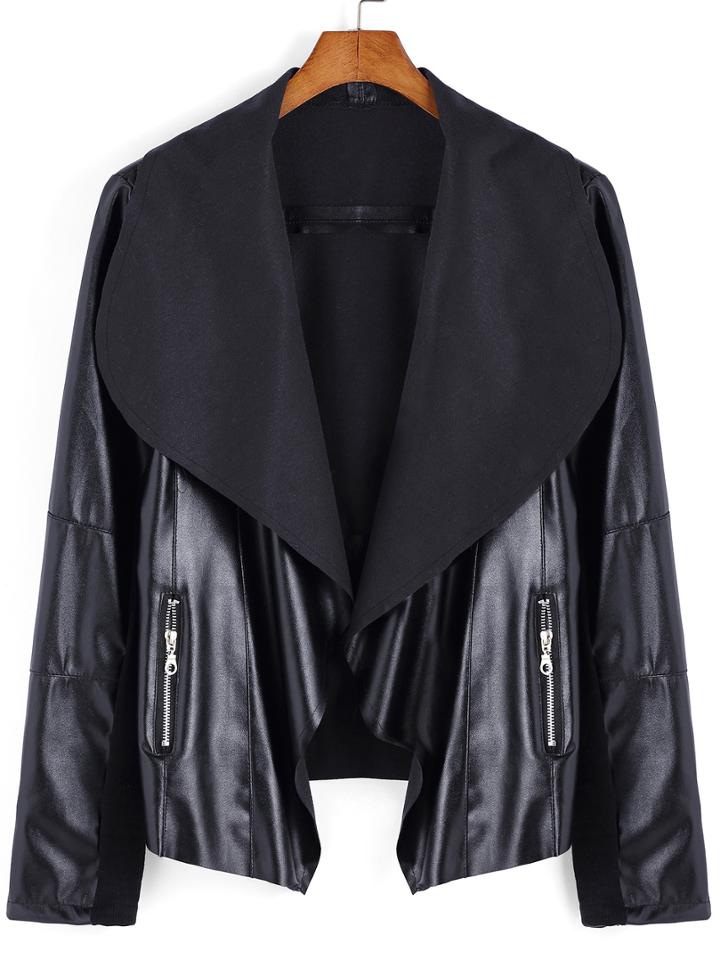 Romwe Lapel Zipper High Low Pu Jacket