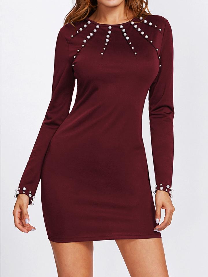 Romwe Pearl Beading Fitted Solid Dress