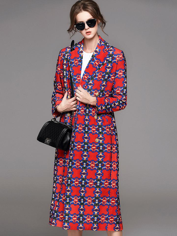 Romwe Multicolor V Neck Long Sleeve Print Pockets Coat