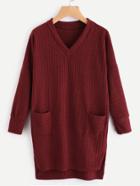 Romwe V Neckline Dip Hem Pocket Ribbed Sweater Dress