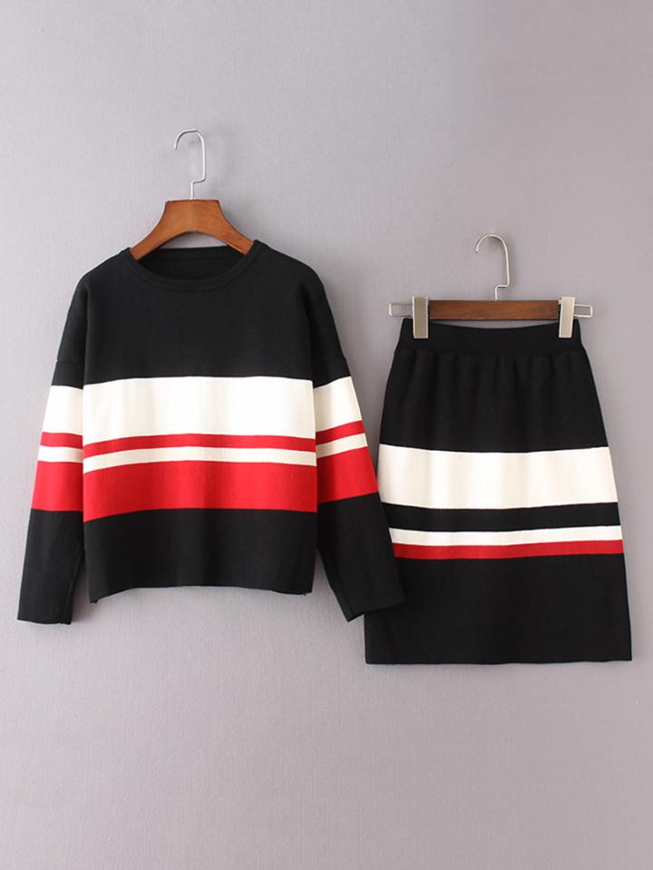 Romwe Drop Shoulder Striped Knitwear With Skirt