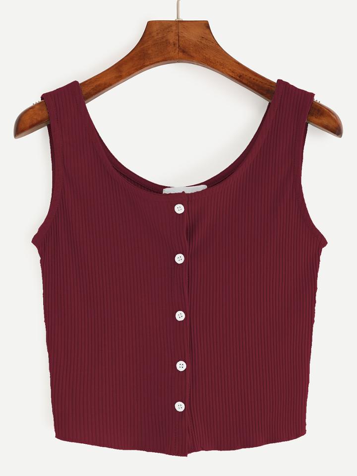 Romwe Burgundy Button Front Ribbed Tank Top