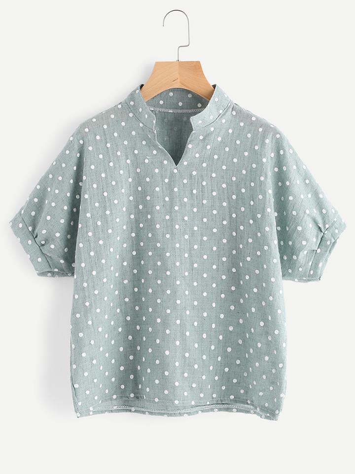 Romwe Stand Collar Textured Print Blouse