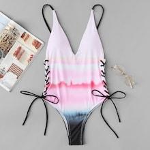 Romwe Lace-up Tie Dye Swimsuit