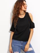 Romwe Black Cutout Back Open Shoulder T-shirt