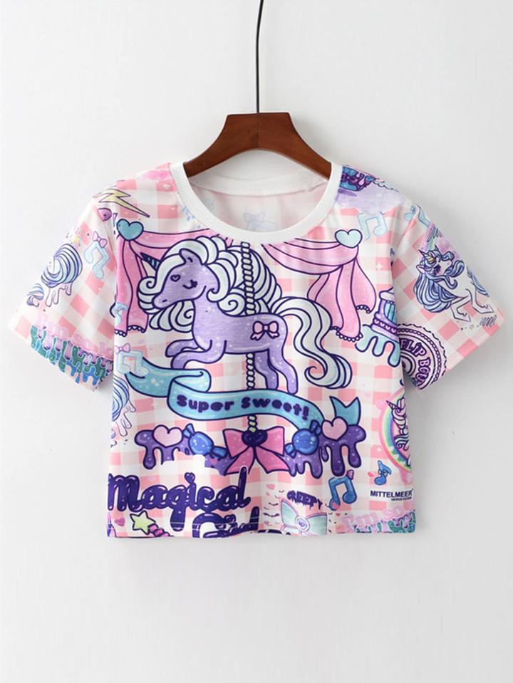 Romwe Cartoon Print Crop Tshirt