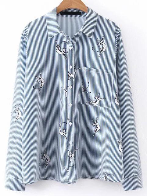 Romwe Blue Striped Print Front Pocket Blouse