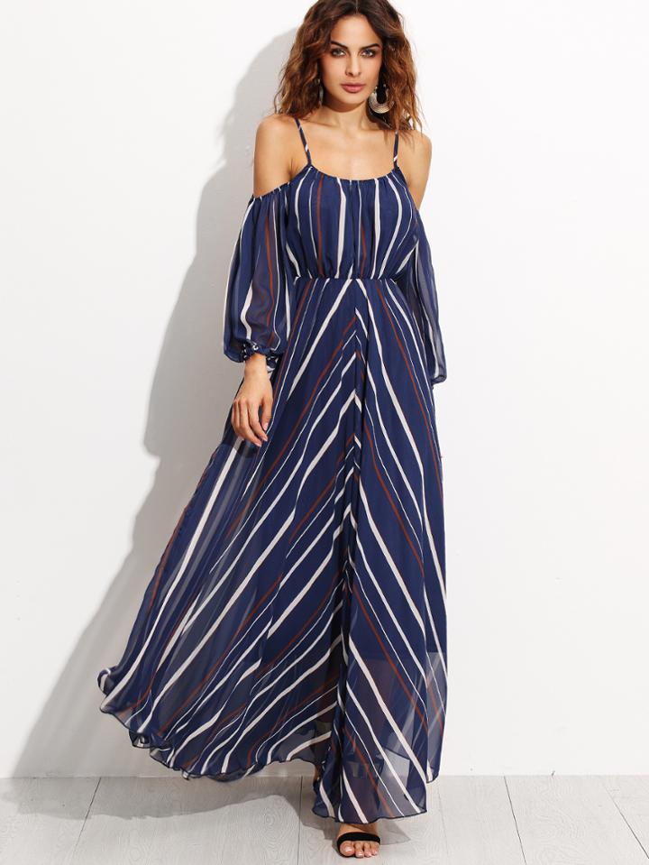 Romwe Navy Stripe Cold Shoulder Chiffon Dress