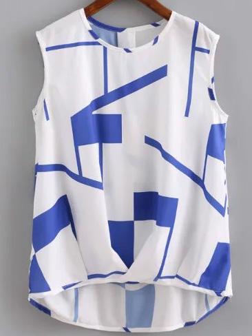 Romwe Blue Sleeveless Dip Hem Geometric Print Blouse