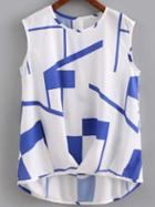Romwe Blue Sleeveless Dip Hem Geometric Print Blouse