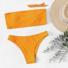 Romwe Plain Cut-out Bandeau Bikini Set