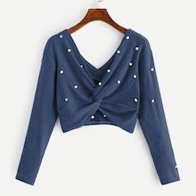 Romwe Faux Pearl Beaded Twist Crop Sweater