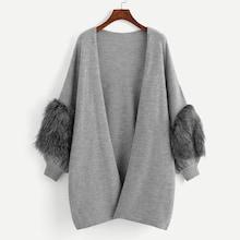 Romwe Plus Faux Fur Patched Open Front Cardigan