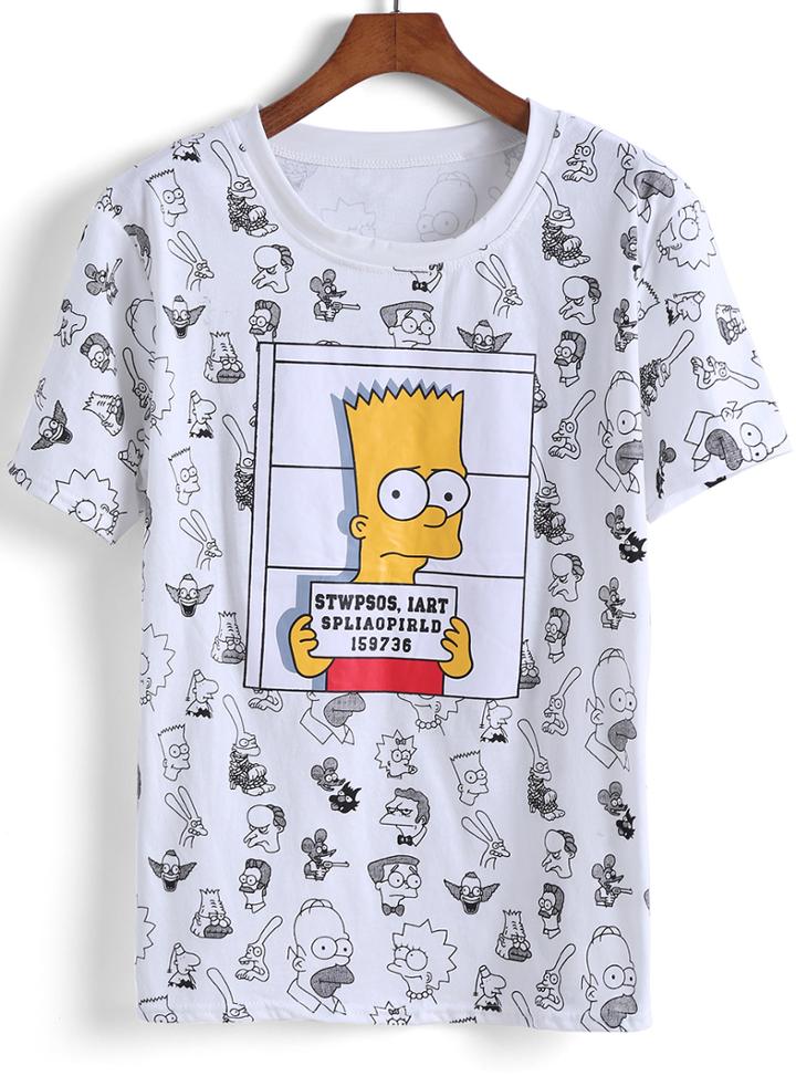 Romwe White Short Sleeve Simpson Print T-shirt