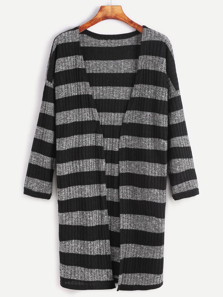 Romwe Wide Striped Open Front Drop Shoulder Ribbed Coat