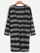 Romwe Wide Striped Open Front Drop Shoulder Ribbed Coat
