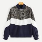Romwe Cut-and-sew Zip Half Placket Leopard Sweatshirt
