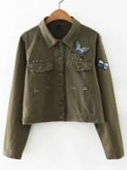 Romwe Army Green Butterfly Patch Distressed Denim Jacket