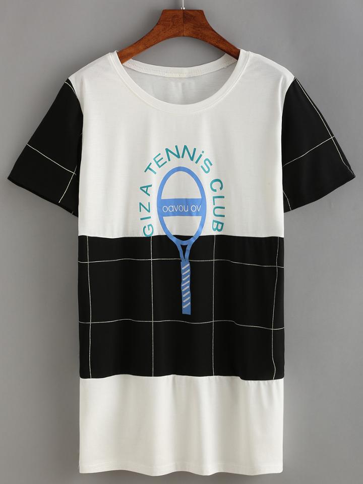 Romwe Contrast Tennis Racket Print T-shirt Dress