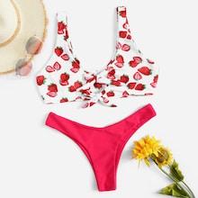 Romwe Random Strawberry Print Top With Cheeky Bikini
