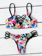 Romwe Calico Print Criss Cross Bikini Set