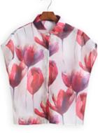 Romwe Red Lapel Floral Crop Blouse