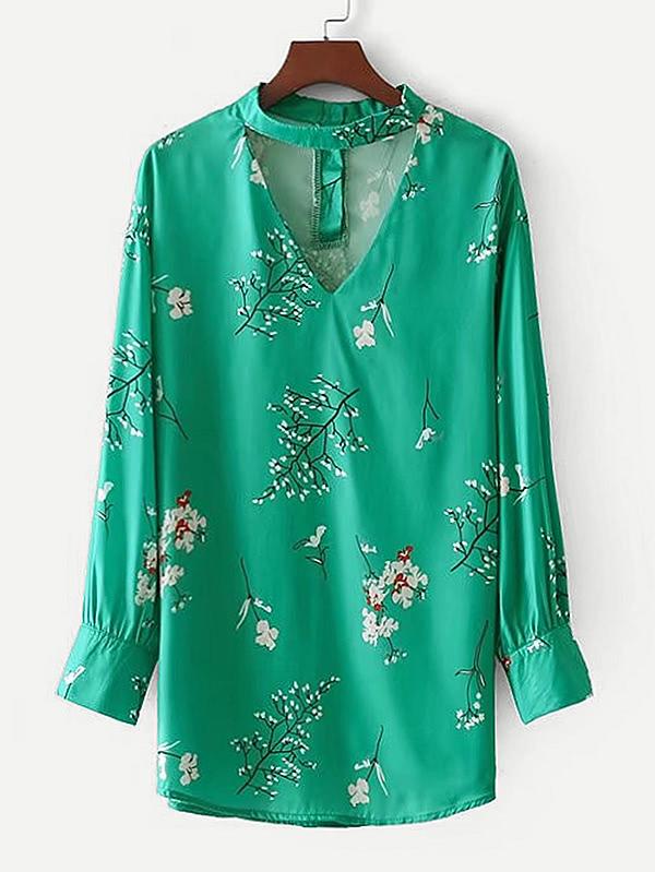 Romwe V Cut Floral Blouse
