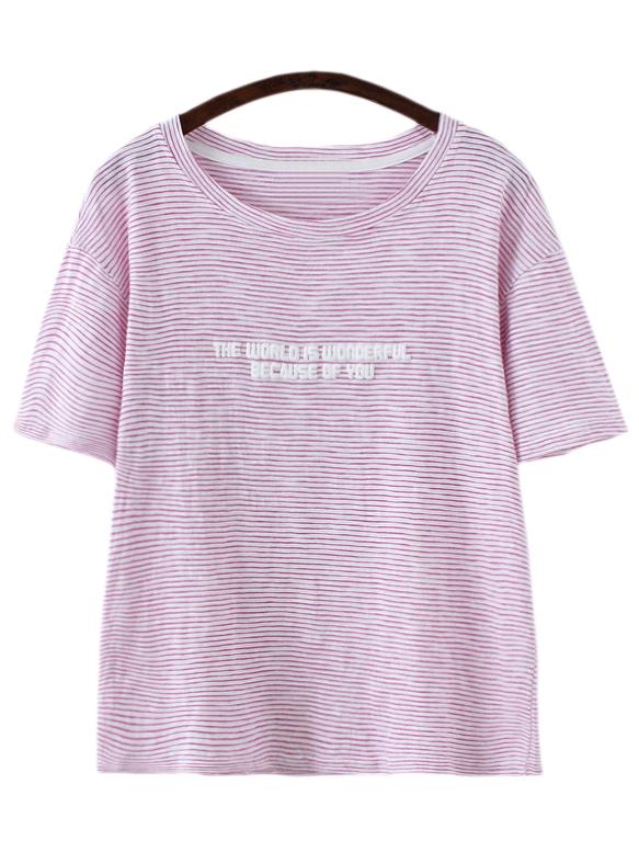 Romwe Pink Short Sleeve Letters Print Stripe T-shirt