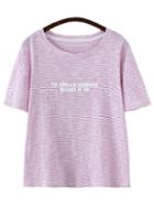 Romwe Pink Short Sleeve Letters Print Stripe T-shirt