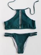 Romwe Dark Green Ladder Cutout Bikini Set