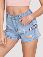 Romwe Letter Embroidered Denim Shorts