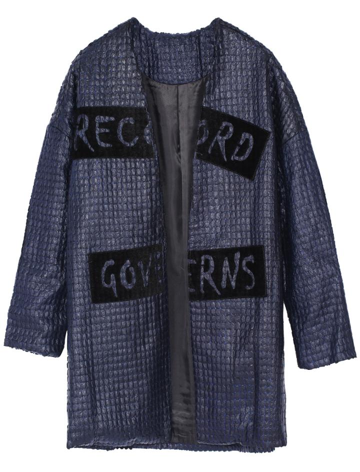 Romwe Letters Print Sparkling Blue Coat