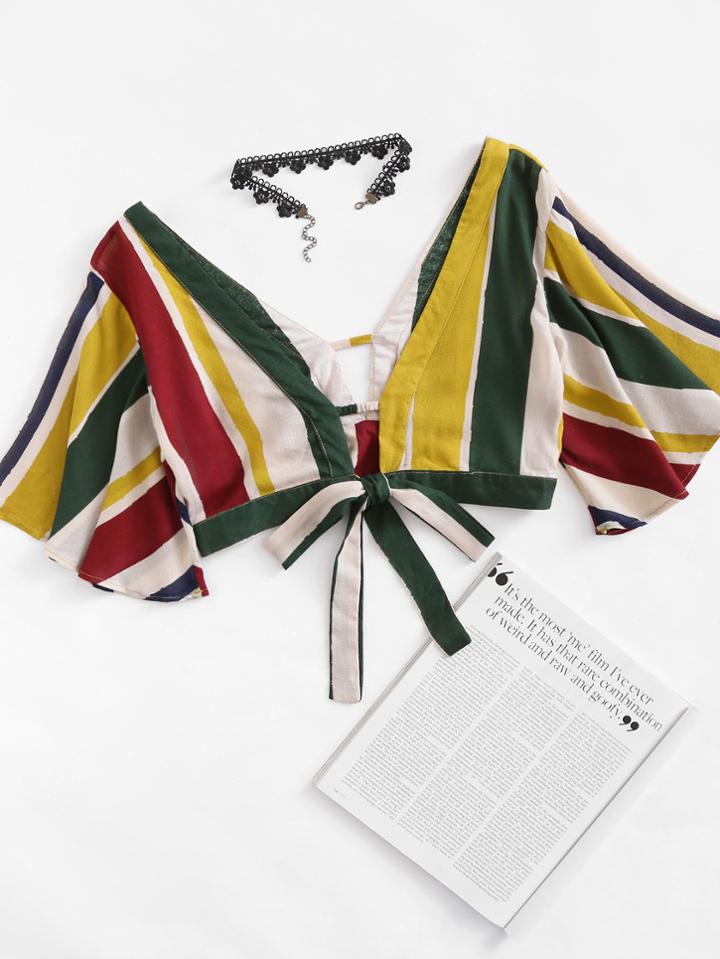 Romwe Plunging V-neckline Striped Knot Crop Top
